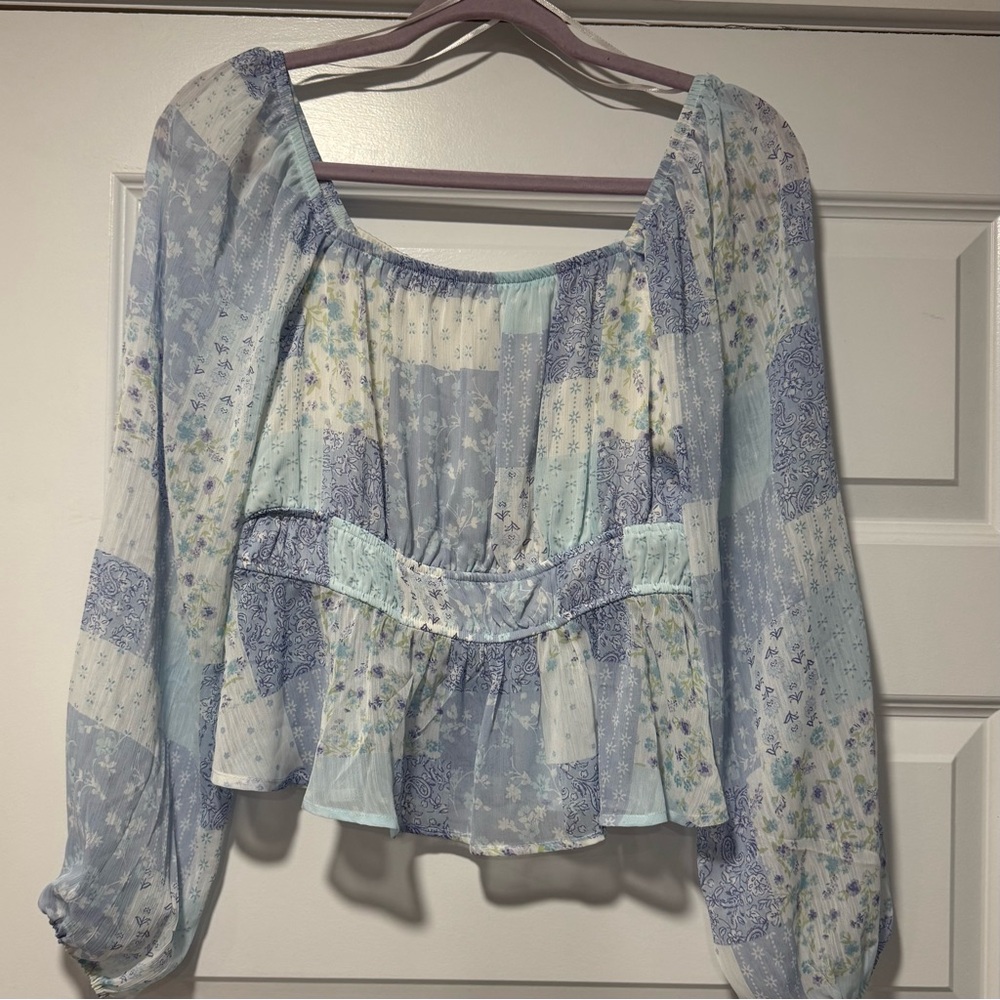 Pink Rose Blue and White Smocked Peplum Patchwork Blouse - Picture 2 of 7